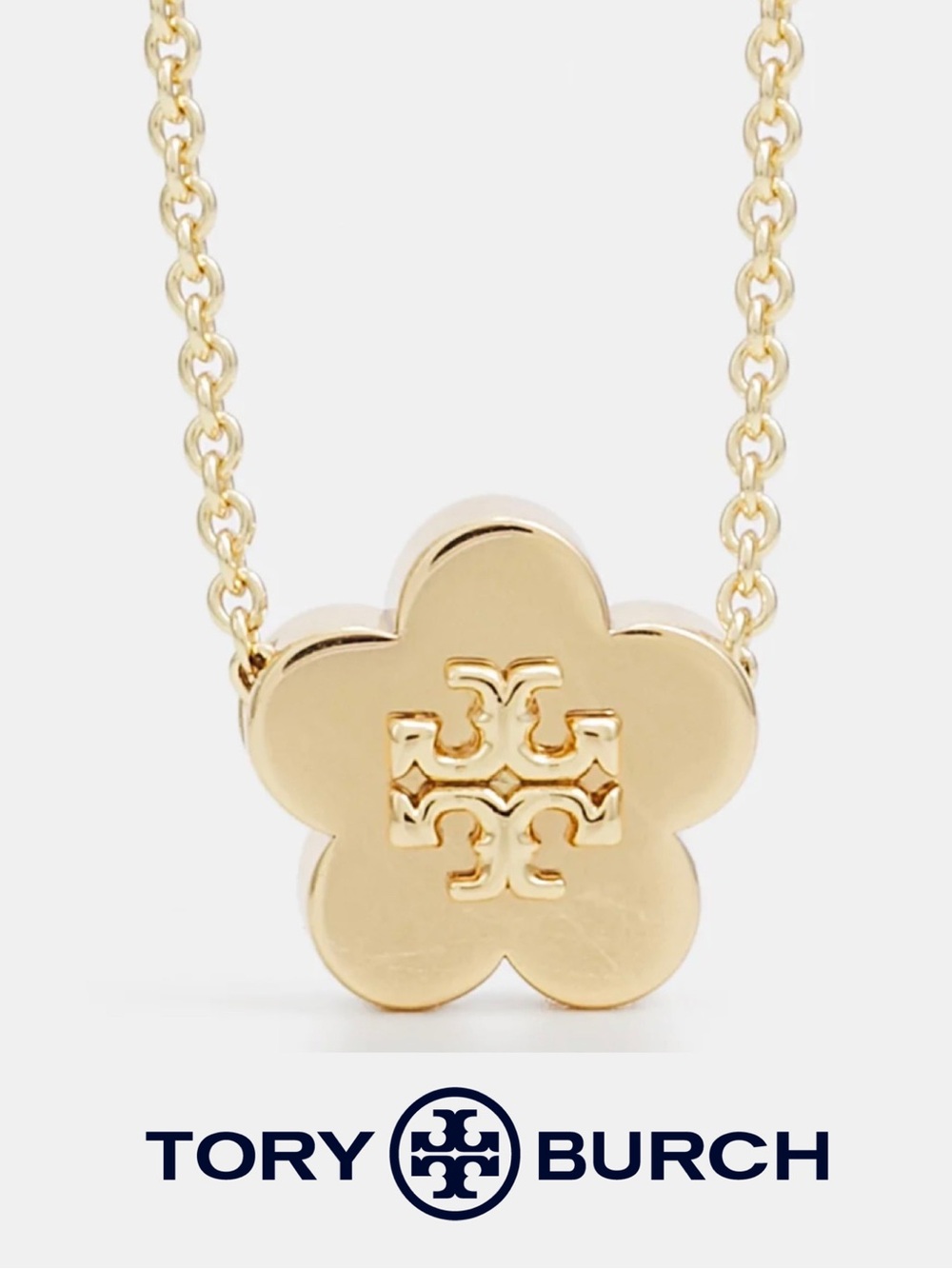 Authentic Tory Burch Gold Tone Floral Pendant Necklace Flower Logo Minimalist